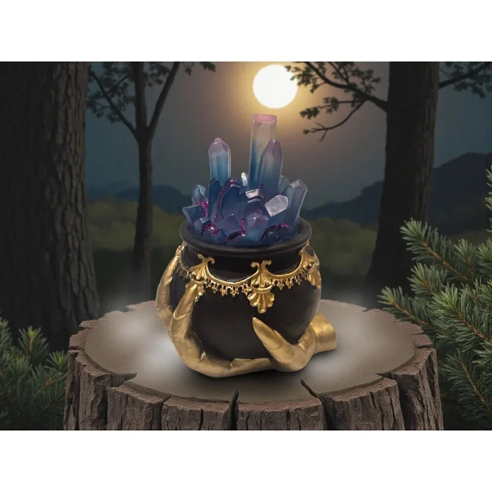 New Halloween Spooky Light Up Blue Crystal Black Cauldron W/ Witch Hand Decor